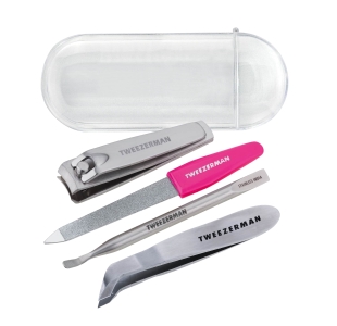 Mini Nail Rescue Kit featuring the Stainless Steel Fingernail Clipper, Hangnail Nipper, Pushy & Nail Cleaner and Nail File laying side by side next to clear storage case.